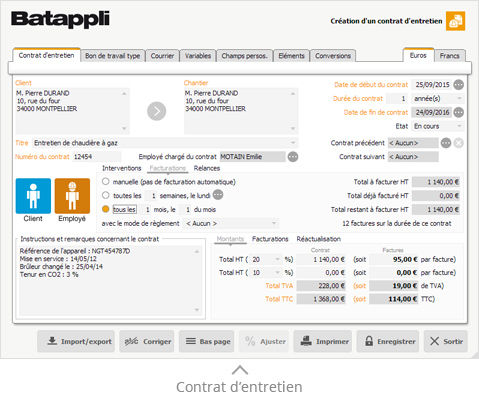 Batappli logiciel bâtiment - Fenêtre de gestion des contrat d'entretien