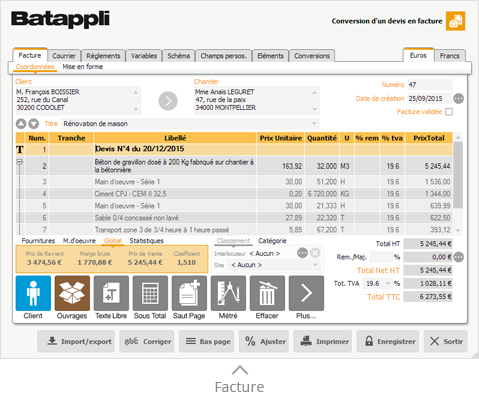 Batappli logiciel bâtiment - Fenêtre de création de facture