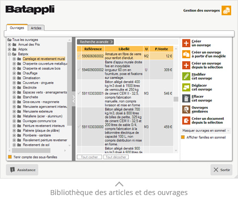 Batappli logiciel bâtiment - Fenêtre de gestion d'une biliothèque de prix