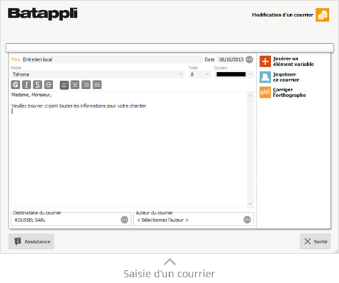 Batappli logiciel bâtiment - Fenêtre de création de courrier