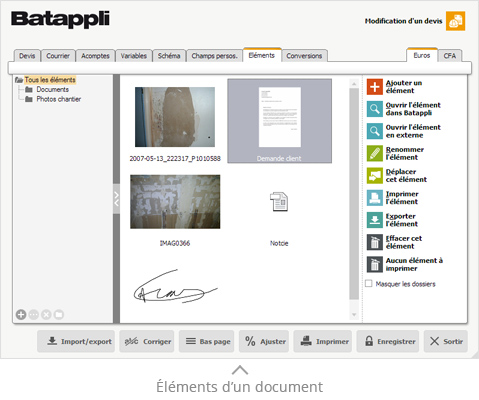 Batappli logiciel bâtiment - Fenêtre de gestion des éléments : images, doc, pdf, ...
