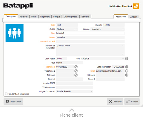 Batappli logiciel bâtiment - Fenêtre d'édition d'un client