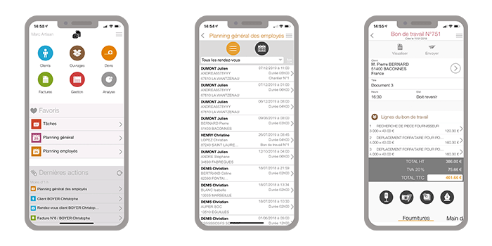 iphone android devis facture bon travail intervention chantier client sur application mobile planning agenda plombier